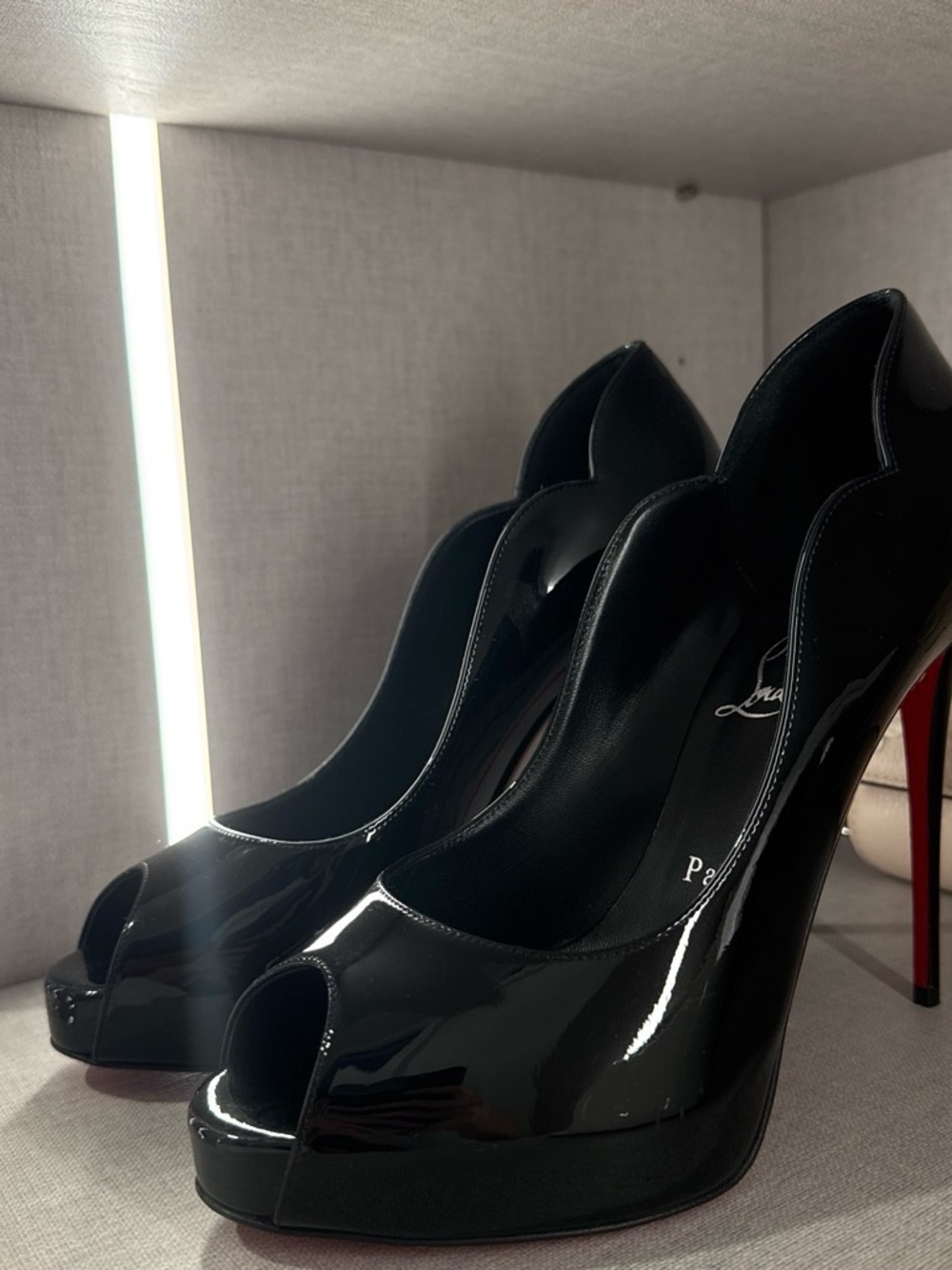 Christian Louboutin Black Patent Peep-Toe Platform Heels